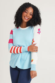 Model Ziara wearing size S of the My Happy Cotton Cashmere Jumper in colour Aqua (Blue), from the front, cropped image
