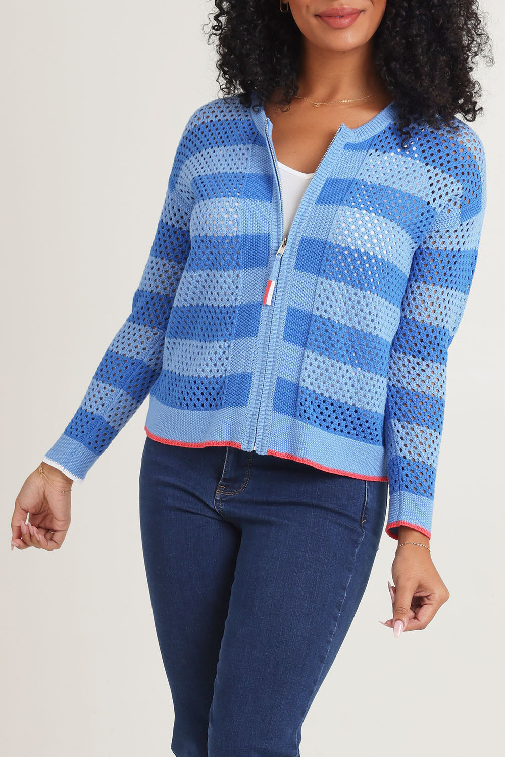 Model Ziara wearing size S of the Pointelle Zip Cotton Cardi in colour Blue (Blue), from the front, cropped image