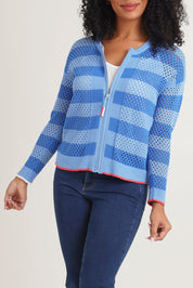 Model Ziara wearing size S of the Pointelle Zip Cotton Cardi in colour Blue (Blue), from the front, cropped image