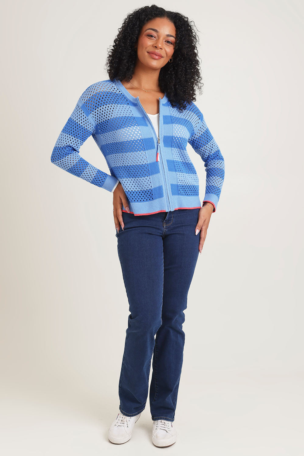 Model Ziara wearing size S of the Pointelle Zip Cotton Cardi in colour Blue (Blue), from the front, showing the whole outfit