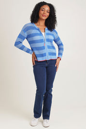 Model Ziara wearing size S of the Pointelle Zip Cotton Cardi in colour Blue (Blue), from the front, showing the whole outfit
