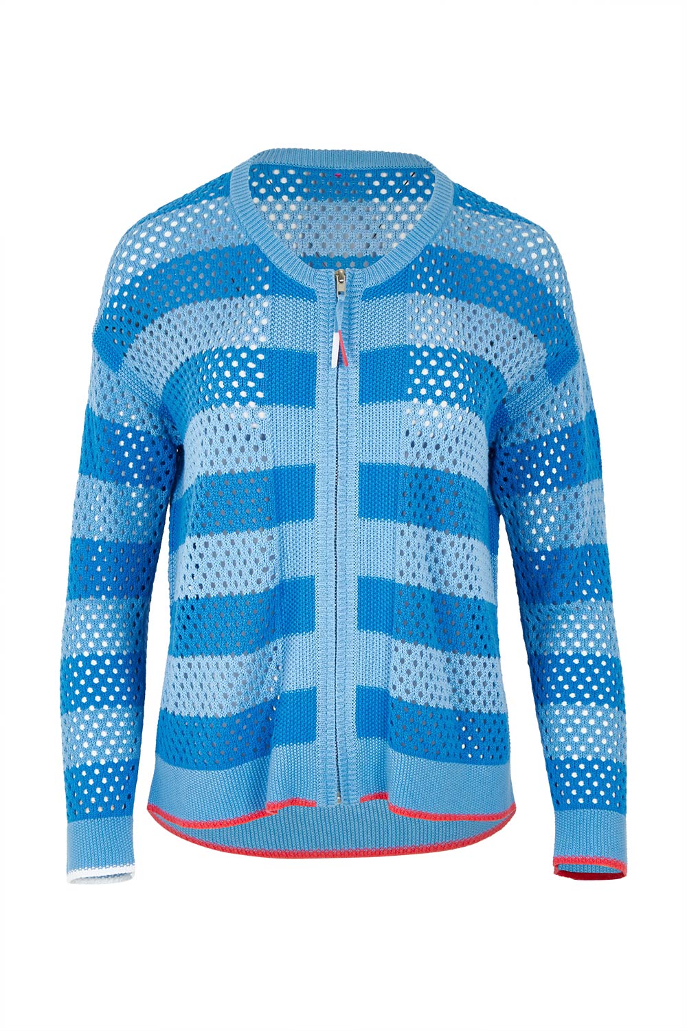 Product shot of the Pointelle Zip Cotton Cardi in colour Blue (Blue), from the front