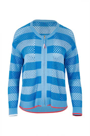 Product shot of the Pointelle Zip Cotton Cardi in colour Blue (Blue), from the front