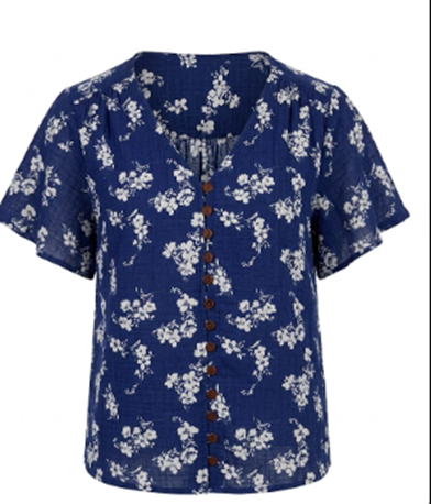 Cute As A Button Printed Cotton Blend Blouse - Blueposie