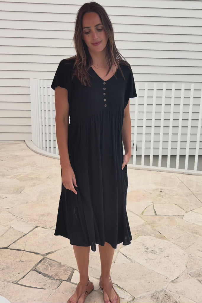 Cute As A Button Cotton Midi Dress – Black