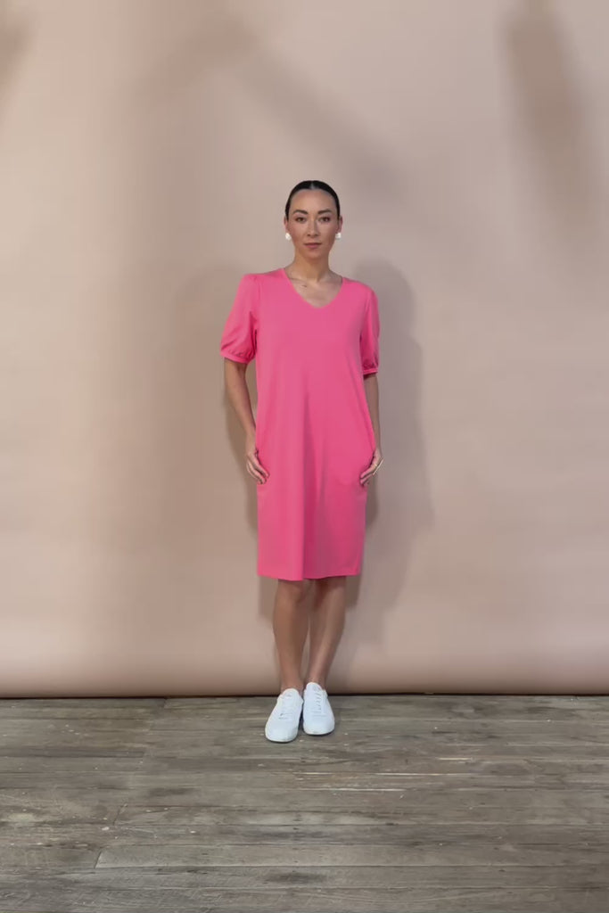 Cotton Jersey Puff Sleeve Dress - Coralpink