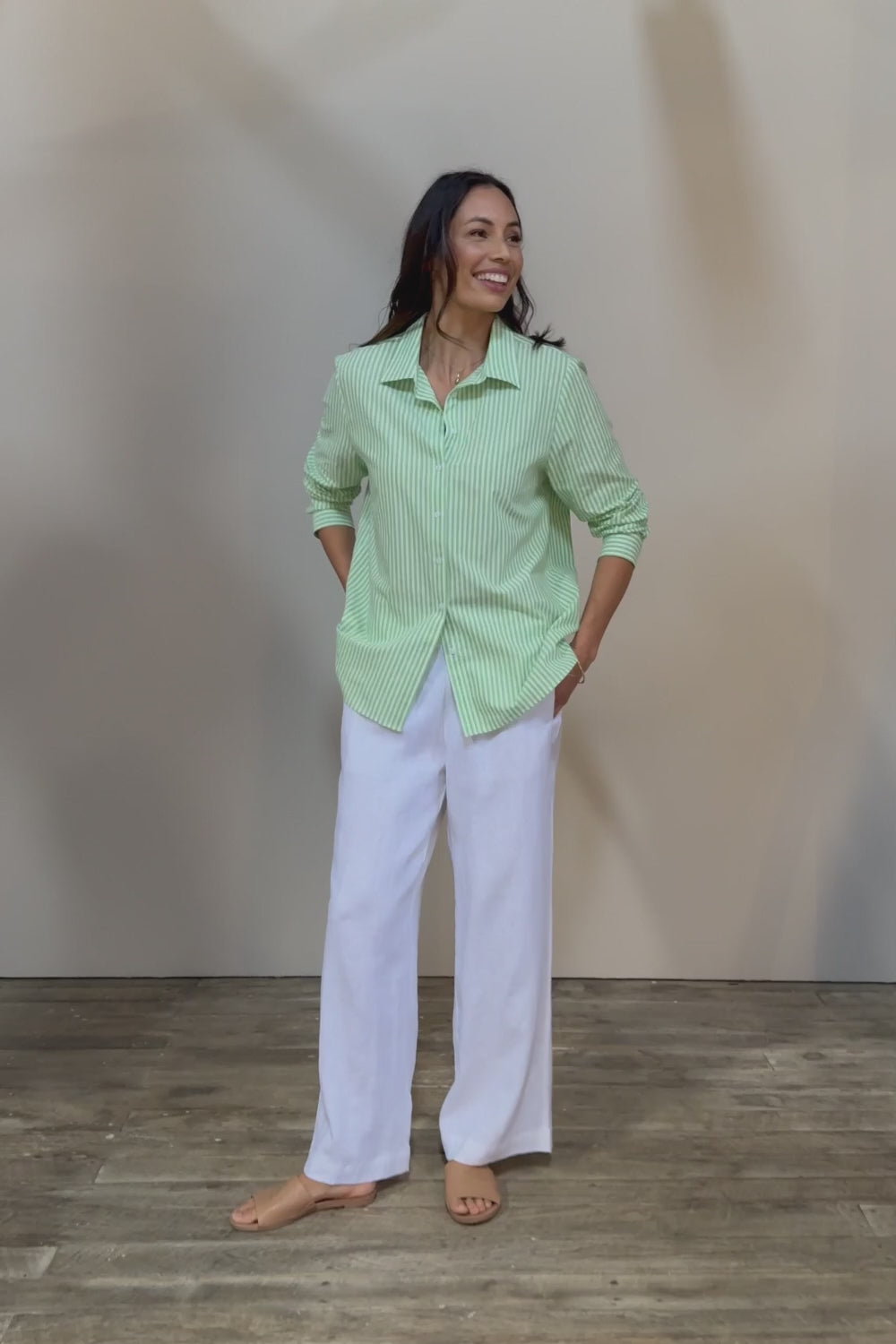 Cotton Oversized Stripe Boyfriend Shirt - Green