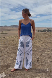 Morning Sun Embroidered Cotton Pants - Whiteblue