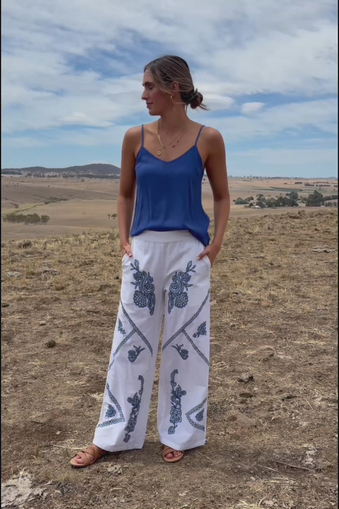 Morning Sun Embroidered Cotton Pants - Whiteblue