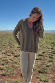 The High Low V Neck Jumper - Khaki