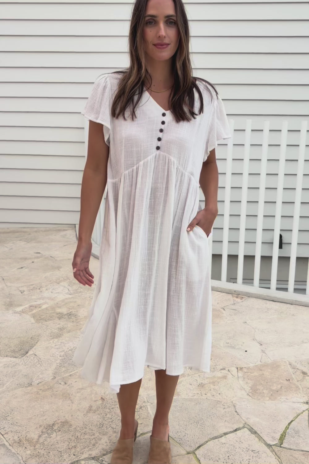 Cute As A Button Cotton Midi Dress – White
