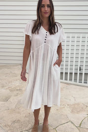 Cute As A Button Cotton Midi Dress – White