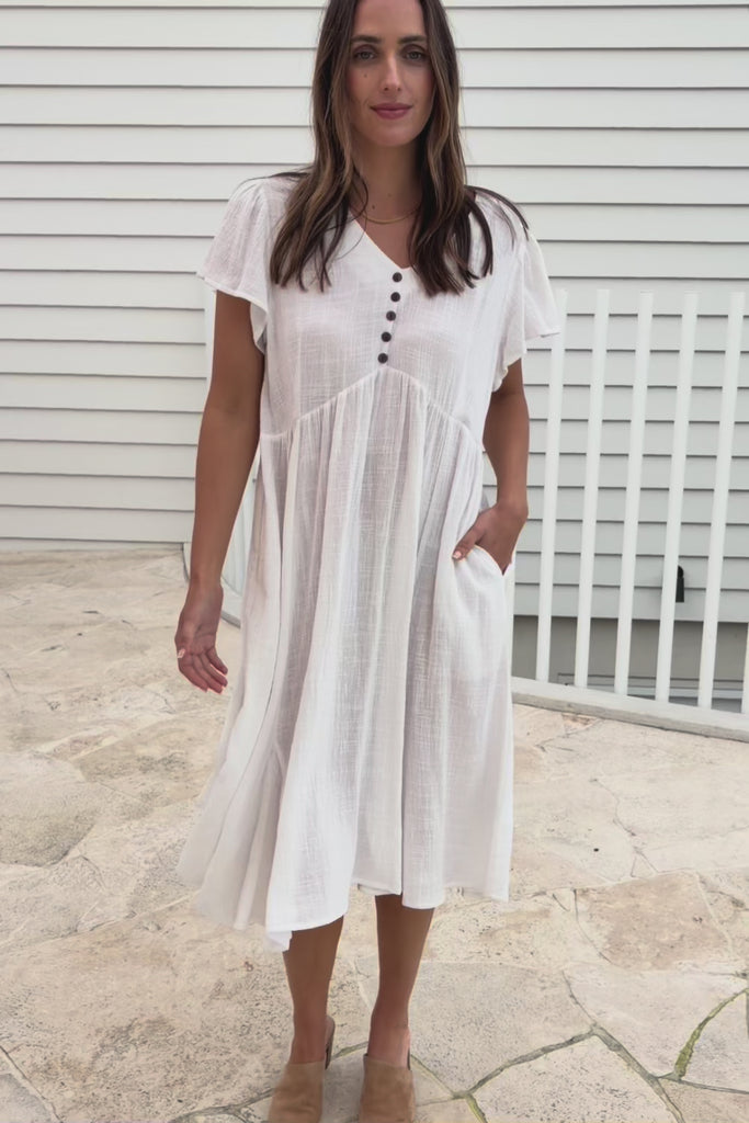 Cute As A Button Cotton Midi Dress – White