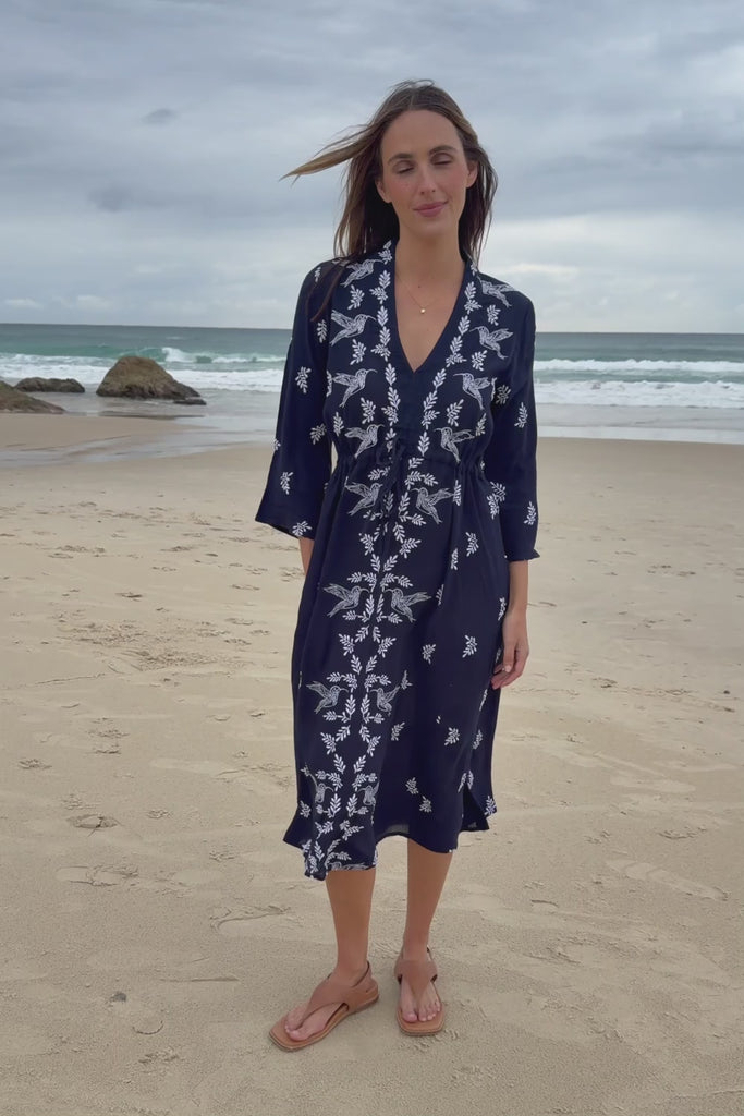 Dancing With Birds Midi Dress - Deepblue
