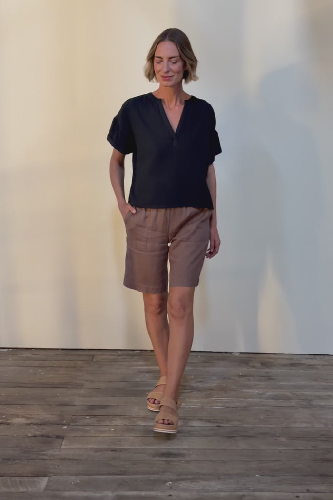 Jersey Waist Linen Short - Mocha