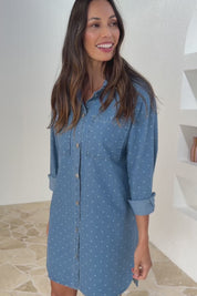The Printed Denim Shacket Dress With Pockets - Denimspot