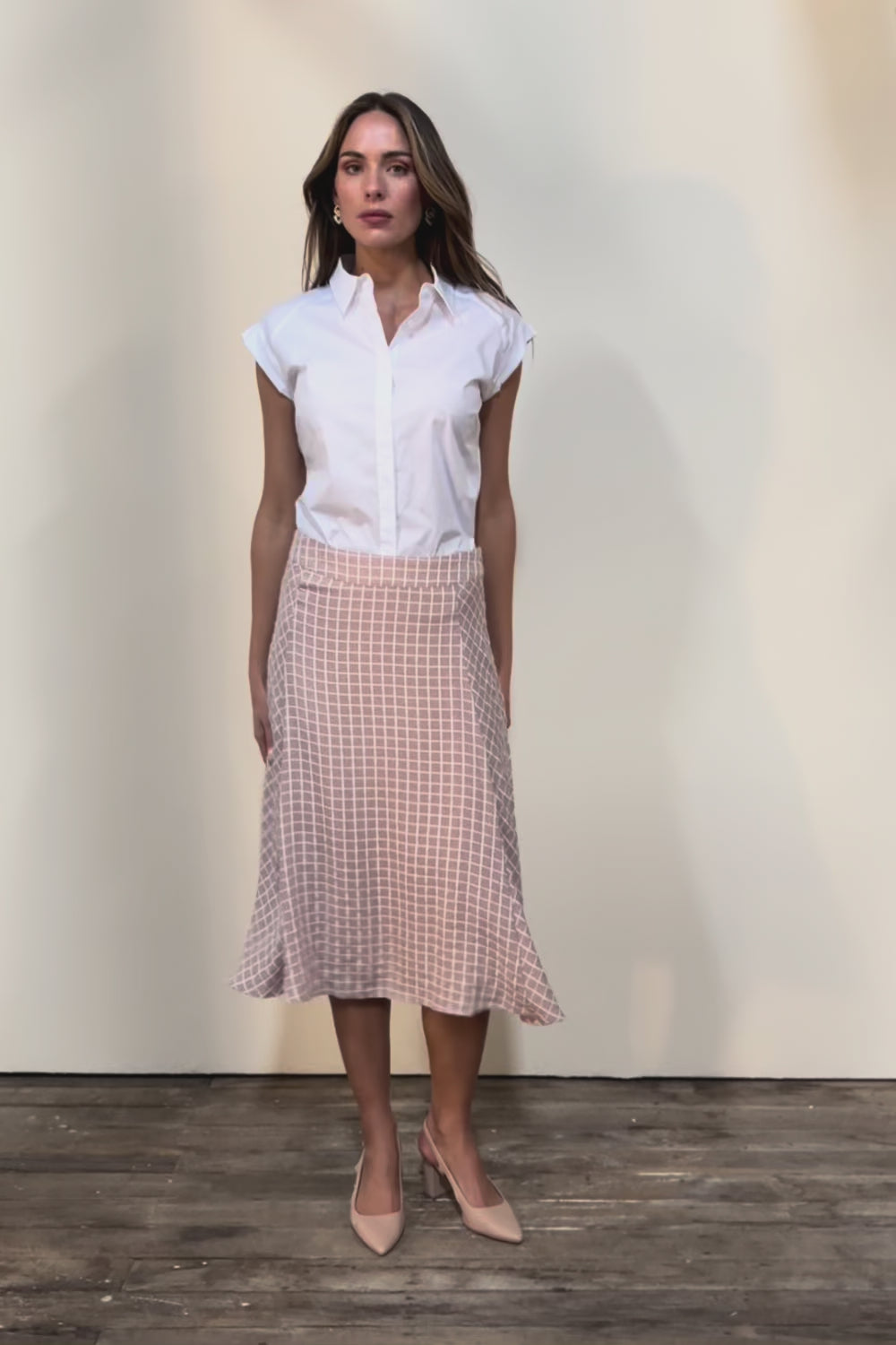 The Bias Panel Check Skirt - Sand