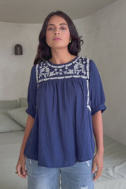 Secret Garden Cotton Blouse - Deepblue