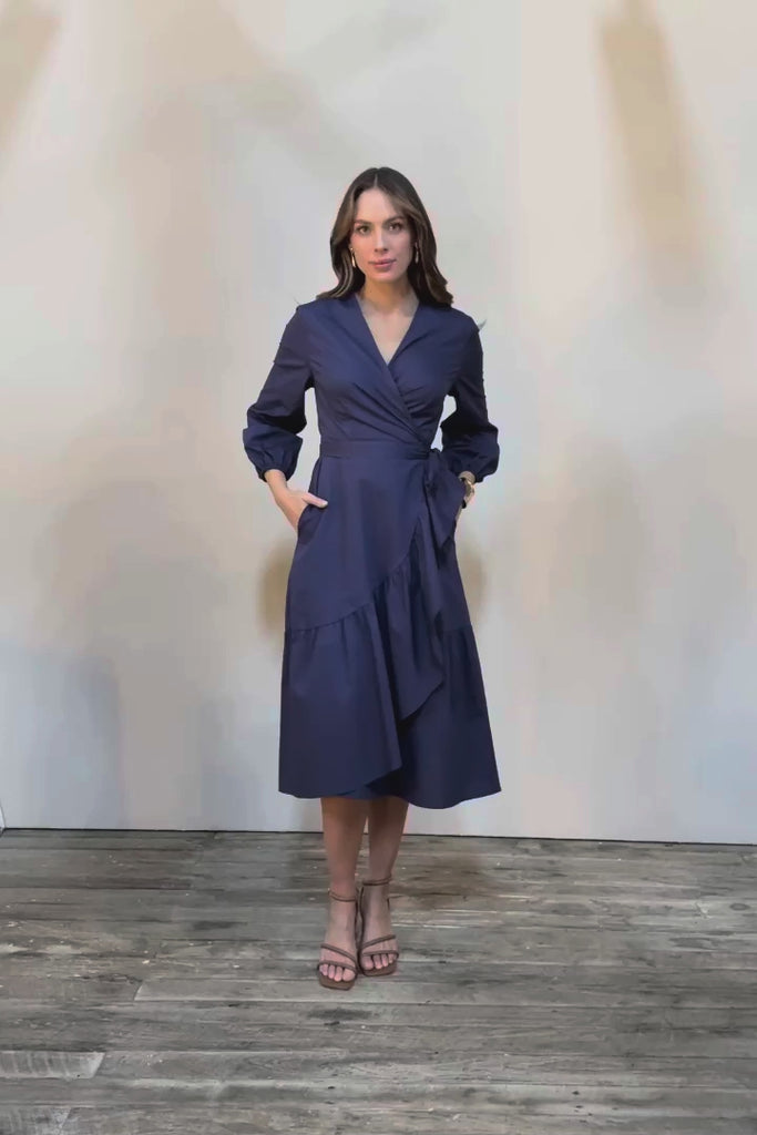 The Cotton Wrap Dress With Frill Detail - Navyblue
