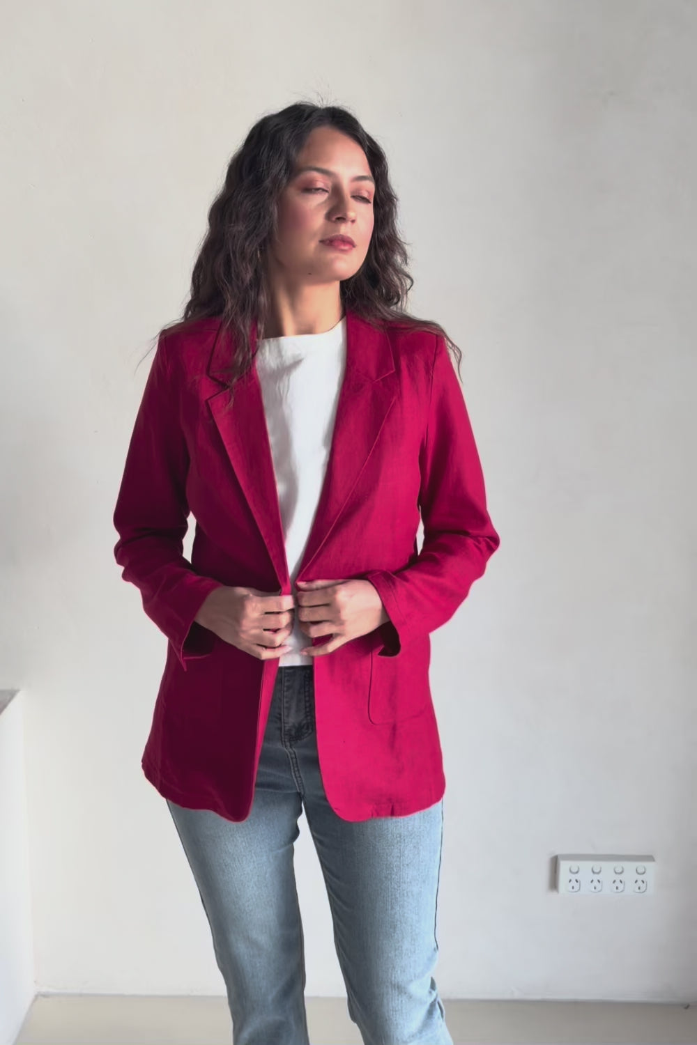 Cotton Linen Longline Blazer – Red