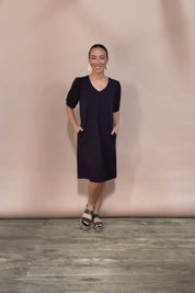 Cotton Jersey Puff Sleeve Dress - Black
