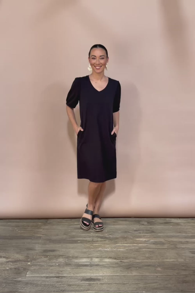 Cotton Jersey Puff Sleeve Dress - Black
