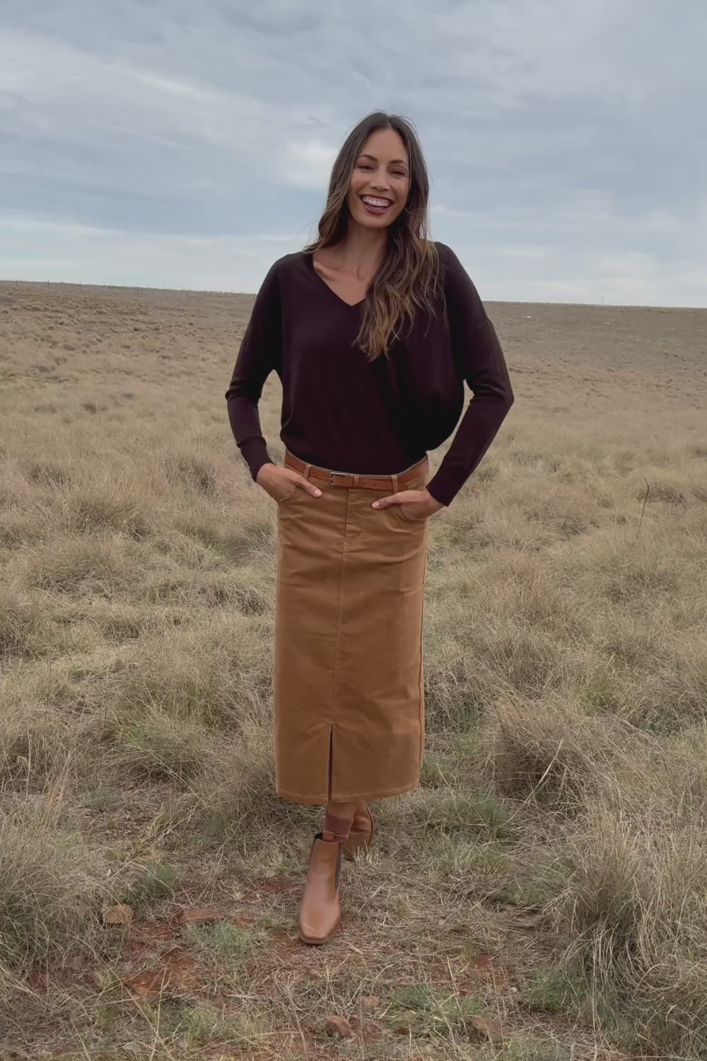 The 5 Pocket Cord Midi Skirt - Tan