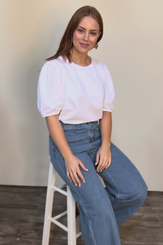 Cotton Jersey Puff Sleeve Top – White