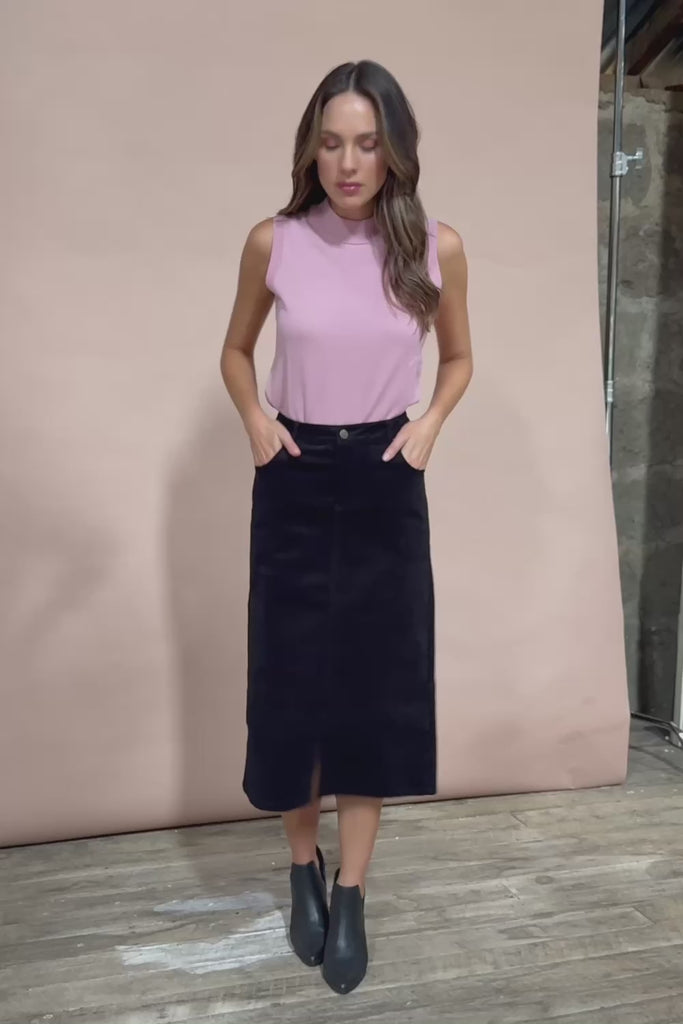 The 5 Pocket Cord Midi Skirt - Black