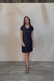 Linen V Neck Shift Dress - Black