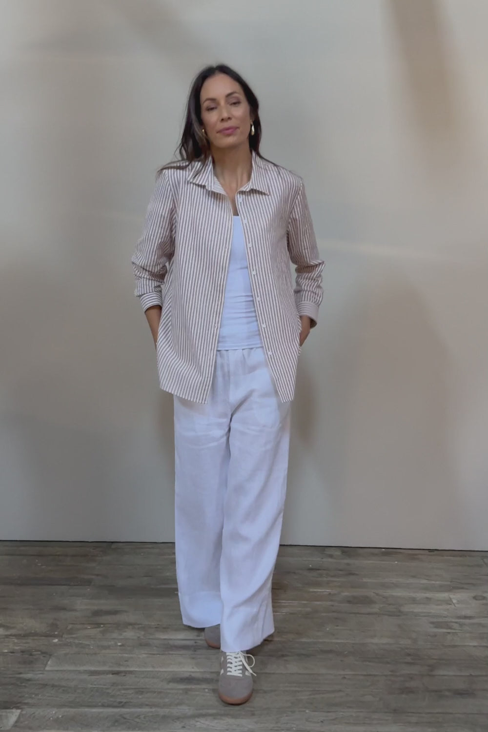 Cotton Oversized Stripe Boyfriend Shirt - Latte