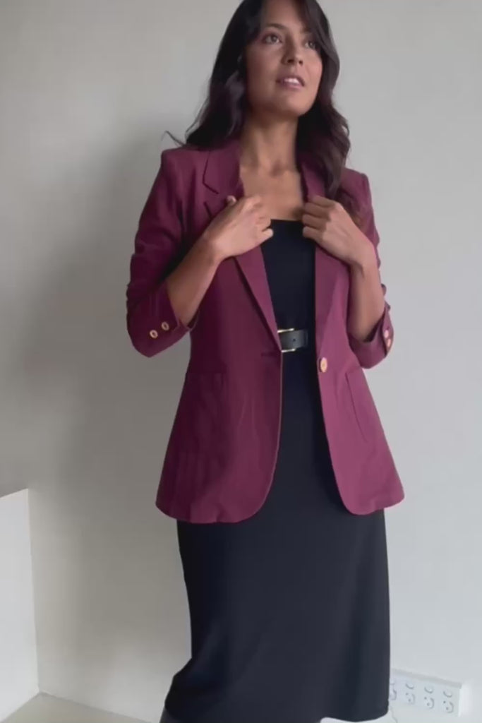 Cotton Linen Longline Blazer - Wine