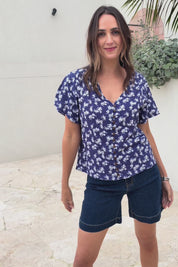 Cute As A Button Printed Cotton Blend Blouse - Blueposie