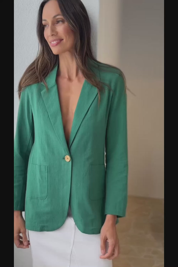Cotton Linen Longline Blazer - Green