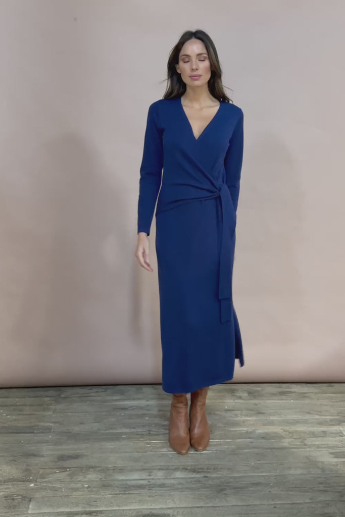 The Tie Waist Faux Wrap Knit Dress – Navyblue