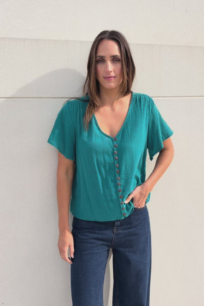 Cute As A Button Cotton Blouse - Teal