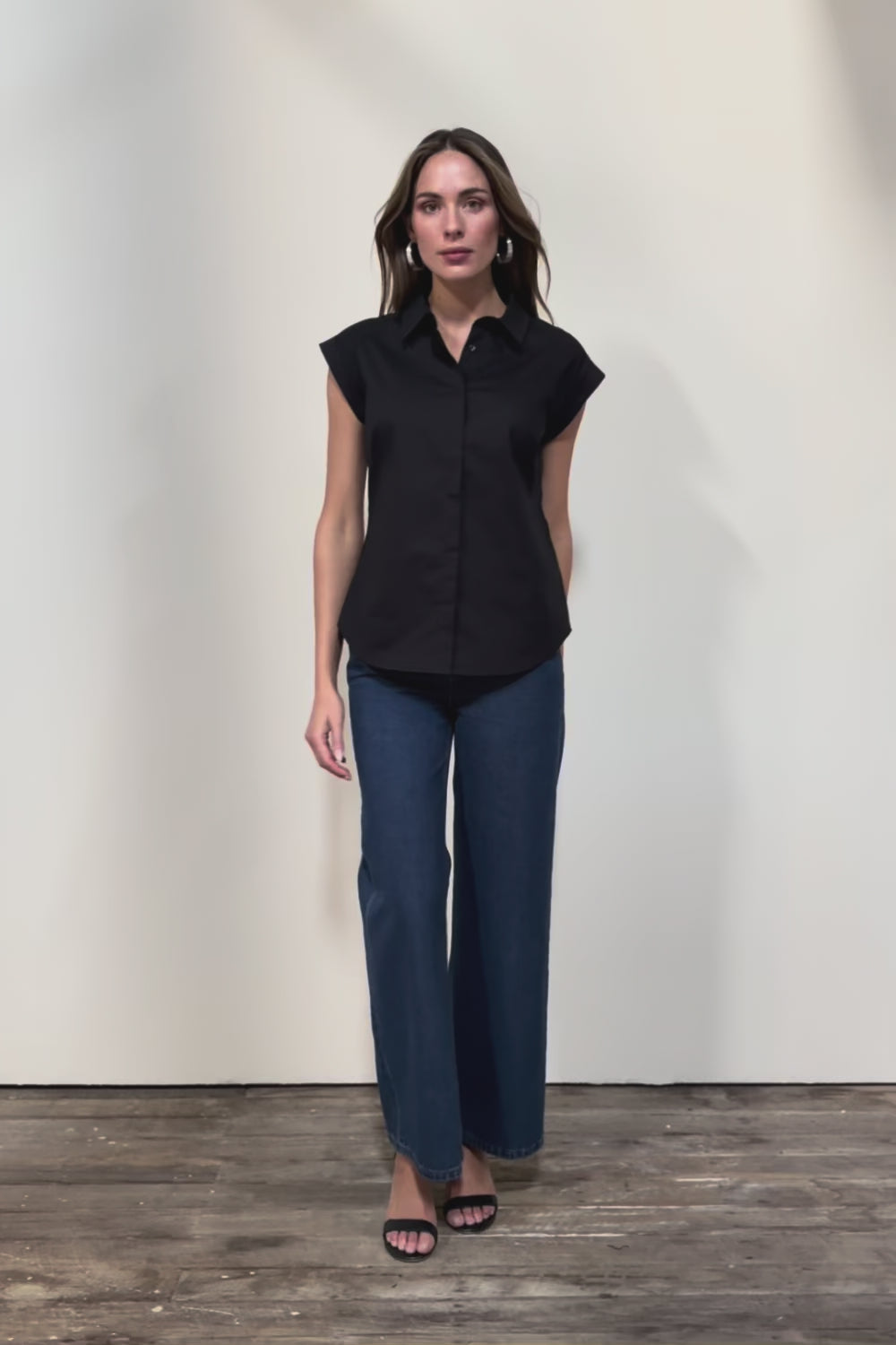 The Cap Sleeve Cotton Stretch Shirt - Black