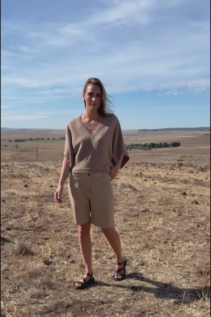 Knit Pick Throw Cotton Blend V Neck Sweater - Latte