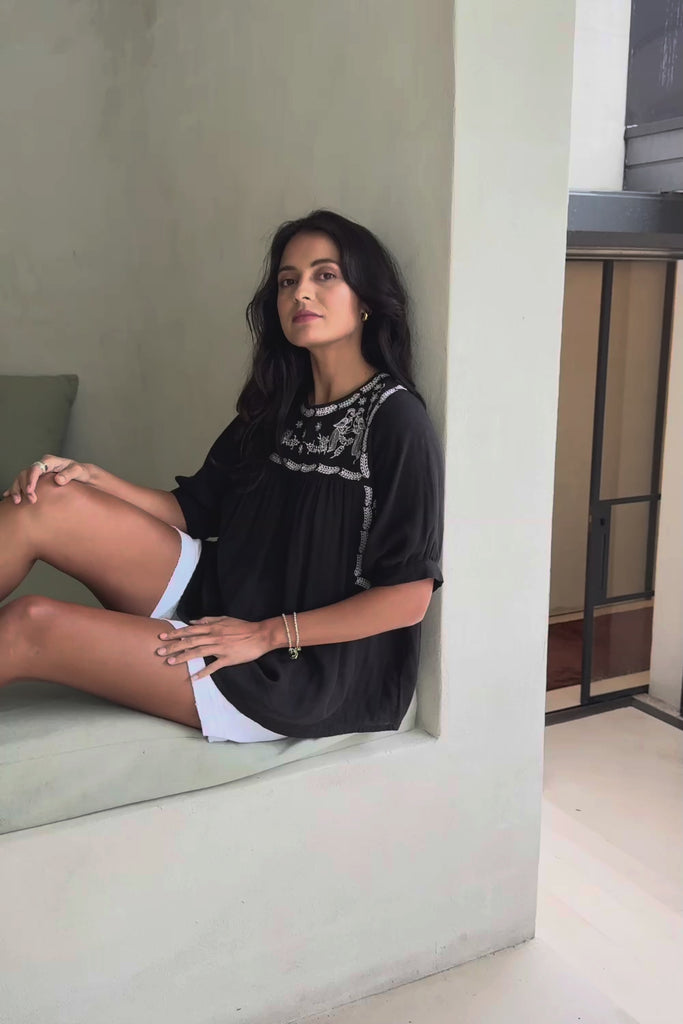 Secret Garden Cotton Blouse - Black