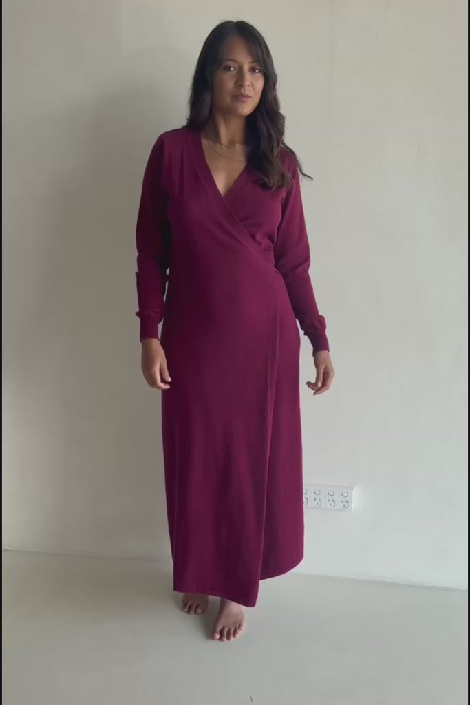 Cotton Cashmere Wrap Dress – Burgundy