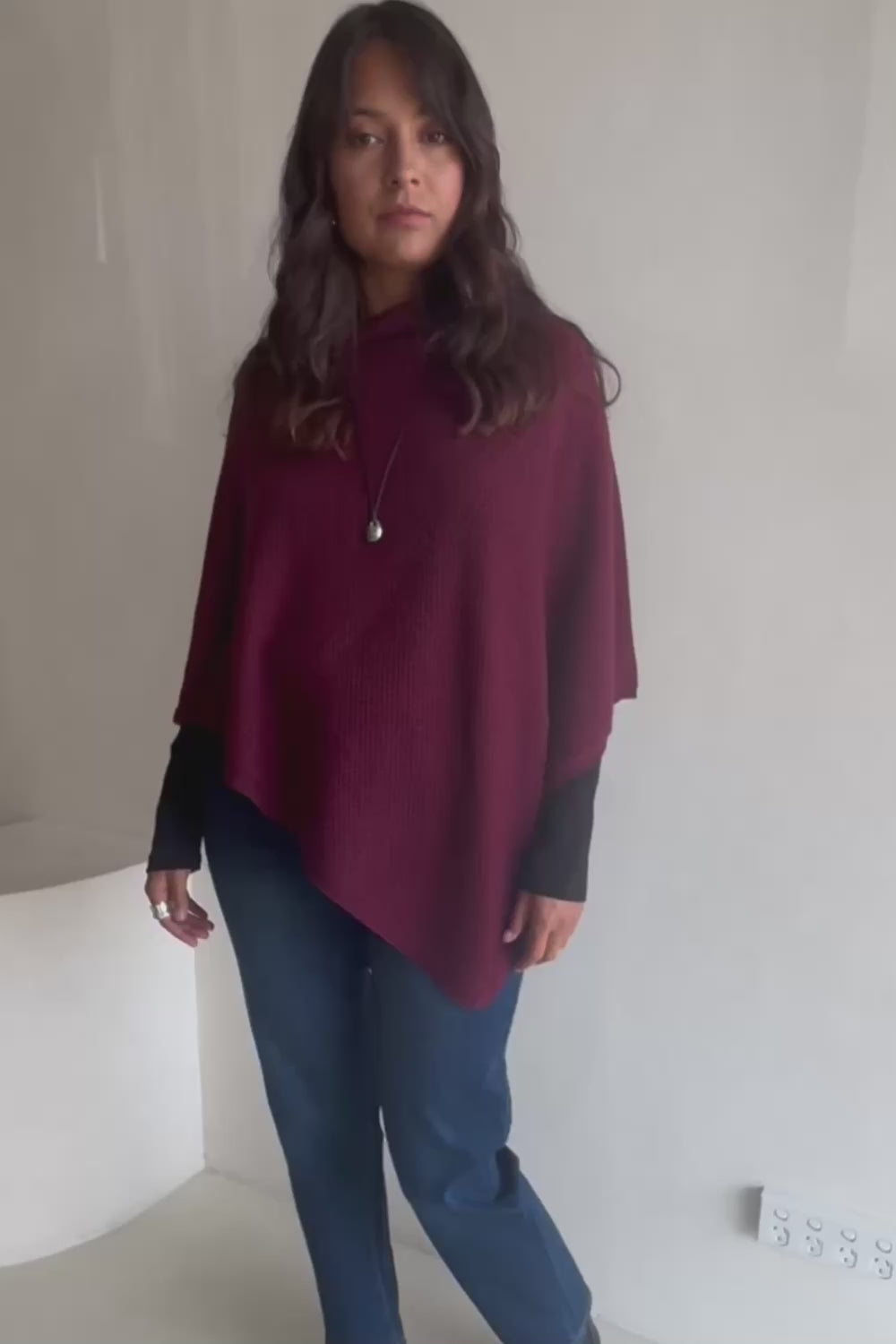Cotton Cashmere Wool Poncho – Burgundy