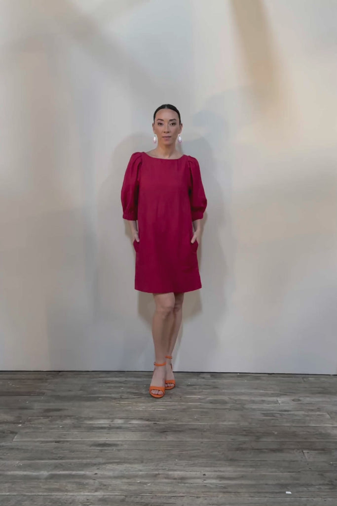 Puff Sleeve Cotton Dress - Ribbonred