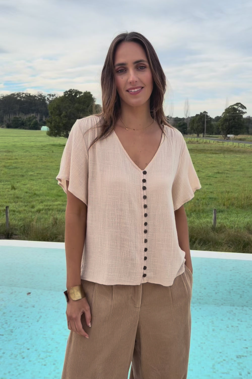 Cute As A Button Cotton Blouse - Natural