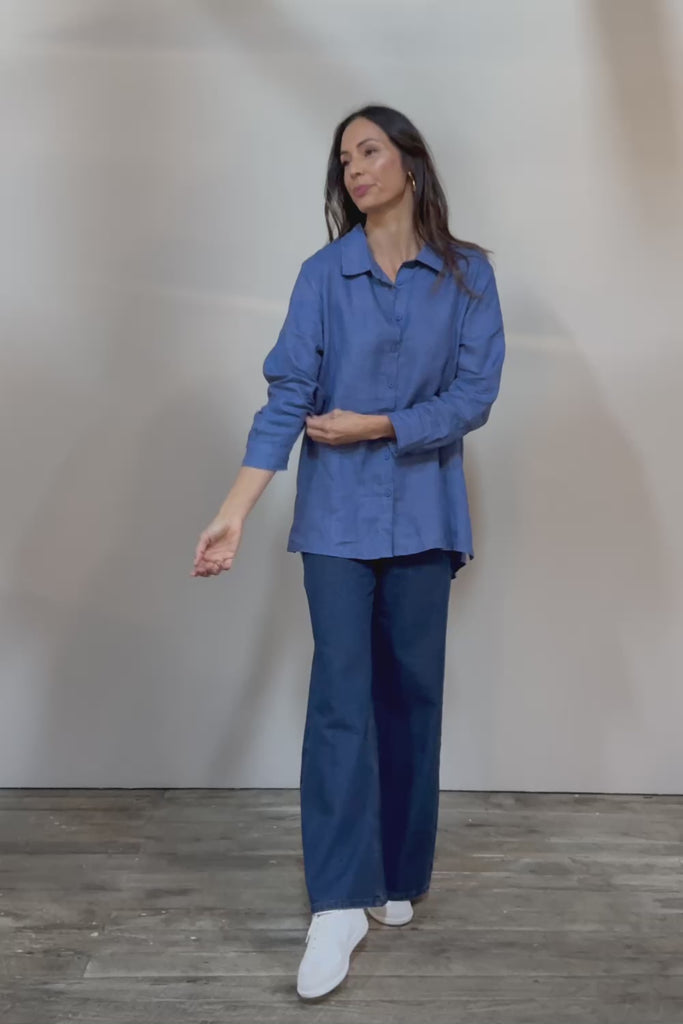 Linen Oversized Boyfriend Shirt - Denim