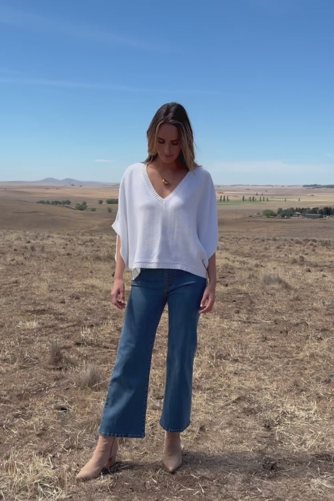 Knit Pick Throw Cotton Blend V Neck Sweater - Milk