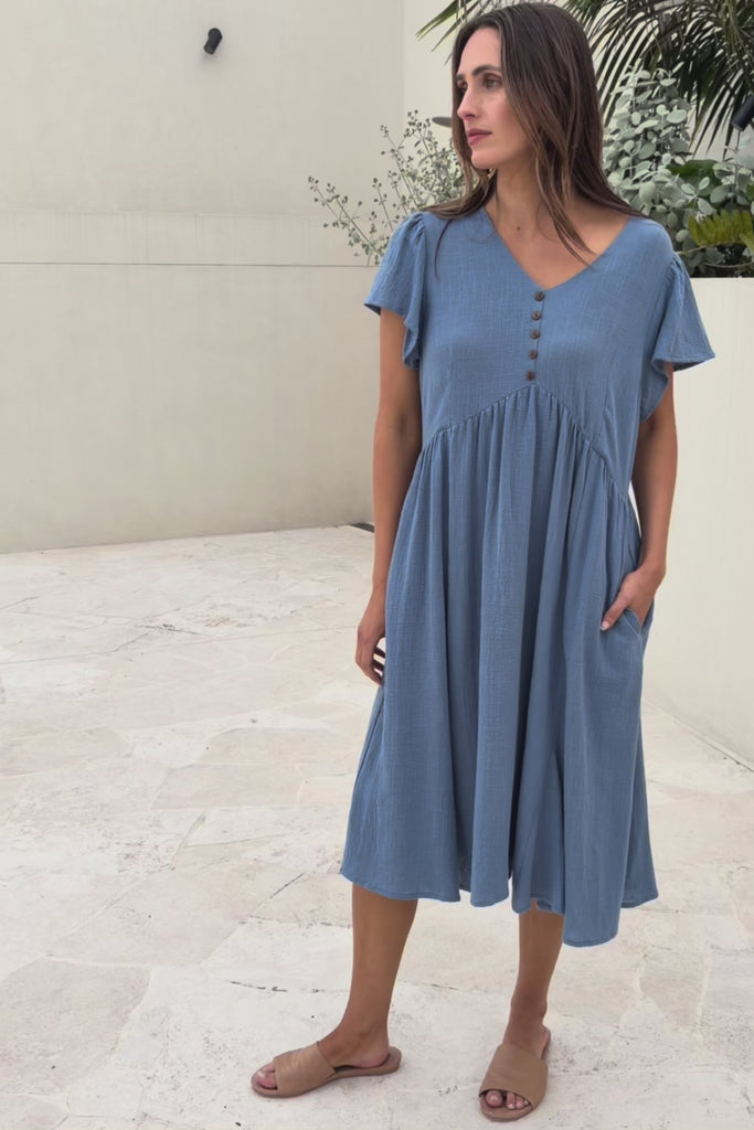 Cute As A Button Cotton Midi Dress – Bluebell