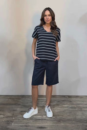 The Striped V Neck Tee - Navywhite
