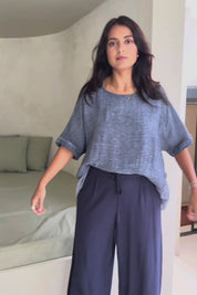 Summer Daze Linen Blend Pull On 3/4 Pant - Navy