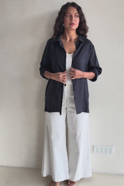 Linen Oversized Boyfriend Shirt - Navy