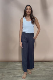 Linen Wide Leg Pant - Navy